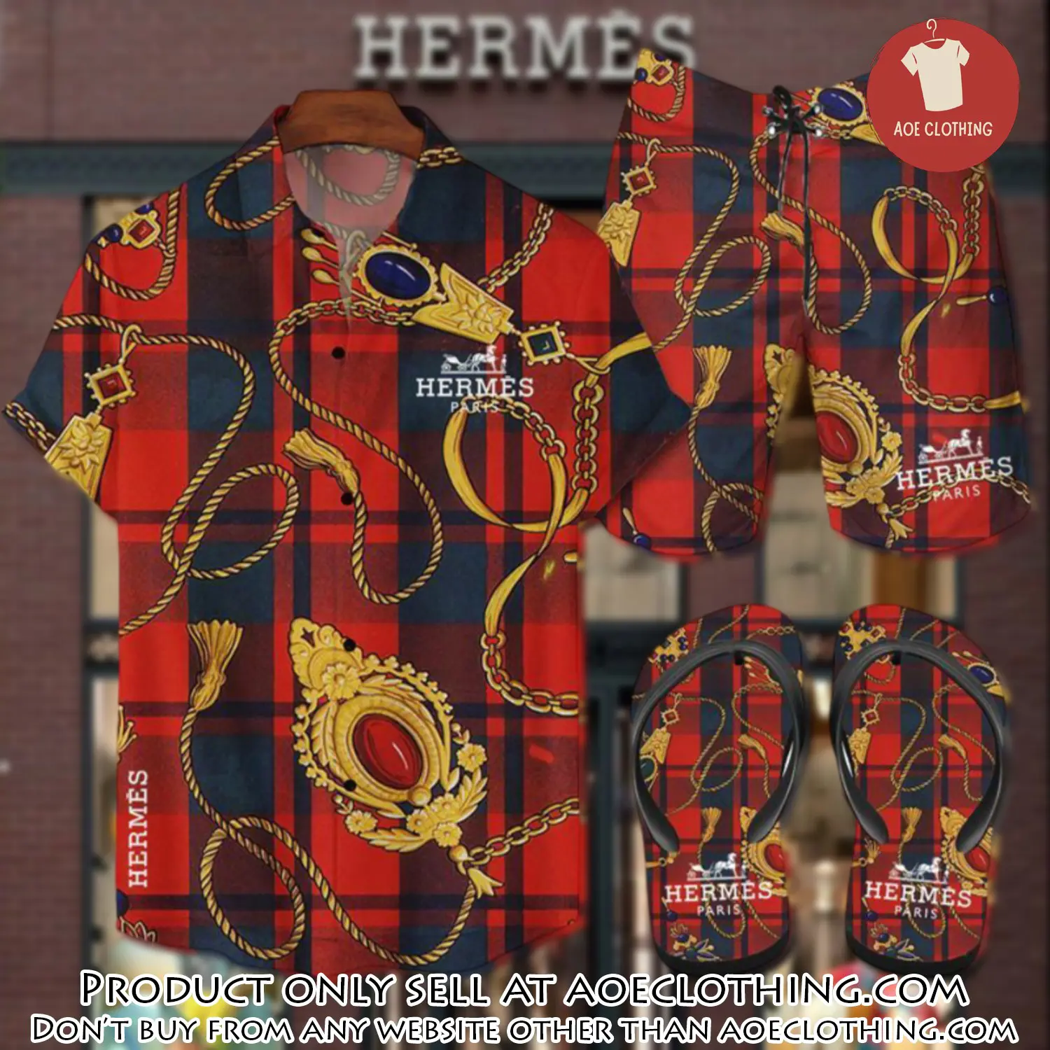 Hermes flip flops and combo hawaii shirt shorts luxury brand summer outfit hsf081 aoe1925802